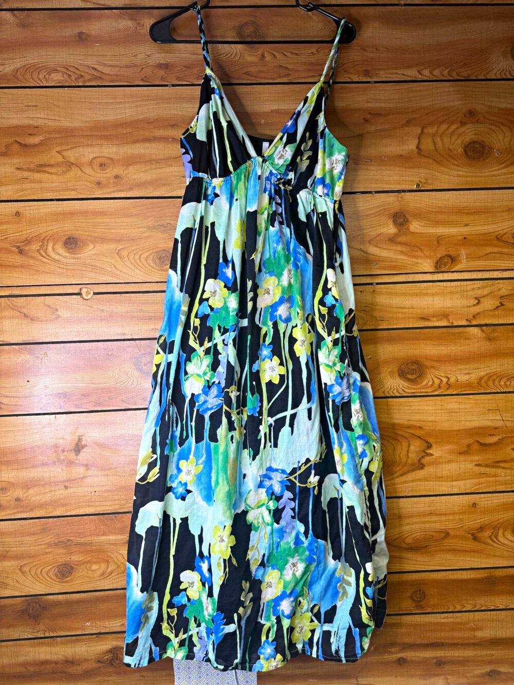 Y2K 2009 Old Navy Women's XL Black Floral V-Neck Strappy Maxi Dress 100% Cotton